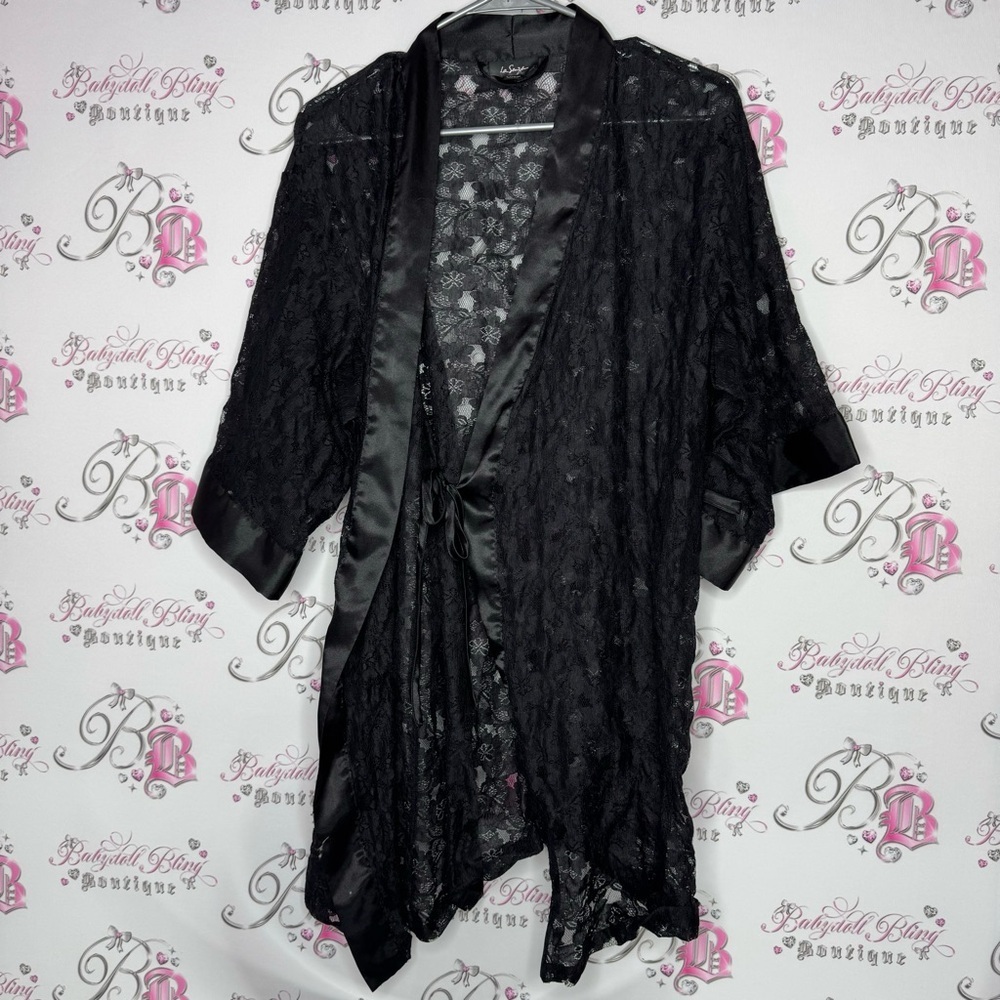 La senza robe kimono lace black tie up belt floral flowers mesh Lacey lounge